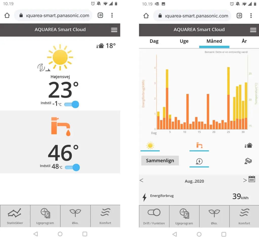Panasonic apps til styring af varmepumpen fra Panasonic - comfort cloud og smart cloud